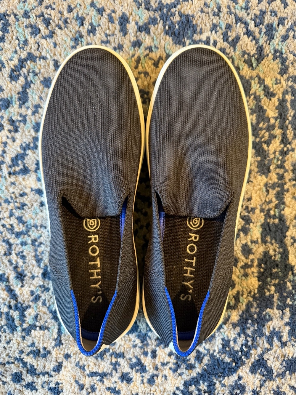 Rothy's Black Slip-On Knit Loafers with Blue Trim